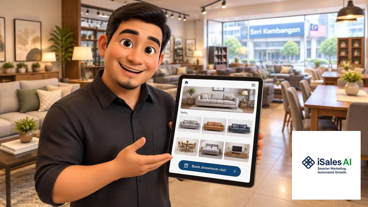 Furniture showroom owner in Seri Kembangan holding a tablet showing a sofa catalogue website with a Book showroom visit button — iSalesAI